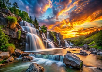 Majestic Sunset Waterfall Panorama: Serene Landscape Photography