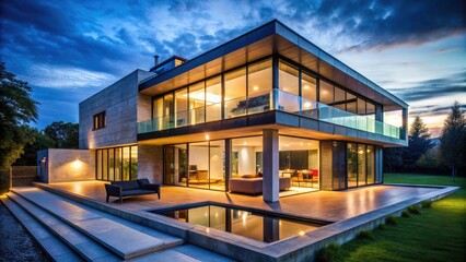 Fototapeta premium Sleek Concrete House, Modern Glass Windows, Night Photography, High Resolution HD Image, Architectural Photography