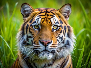 Fototapeta premium Majestic Tiger Close-Up: Whiskers in Grassy Field - Wildlife Stock Photo