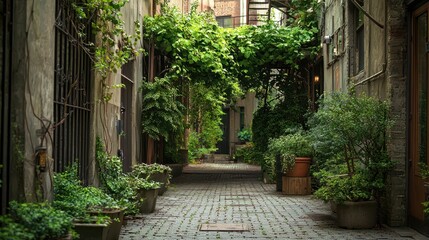 Fototapeta premium Serene Urban Garden Alley Lined with Cascading Greenery