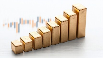 A gold bar resting on a rising bar chart indicating increasing gold prices.