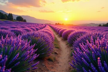 Obraz premium Golden Hour Serenity A Pathway Through Rows of Lavender Blossoms at Sunset