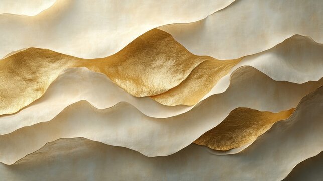 Abstract artwork with textured layered shapes in gold and beige