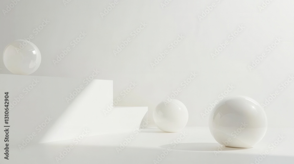 Poster Floating 3D shapes create an elegant and futuristic composition with soft shadows on a white background