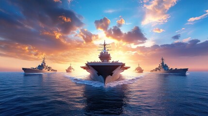 Obraz premium Modern warships, including battleships, aircraft carriers and armored tanks, float in a surreal and reflective sea sky.
