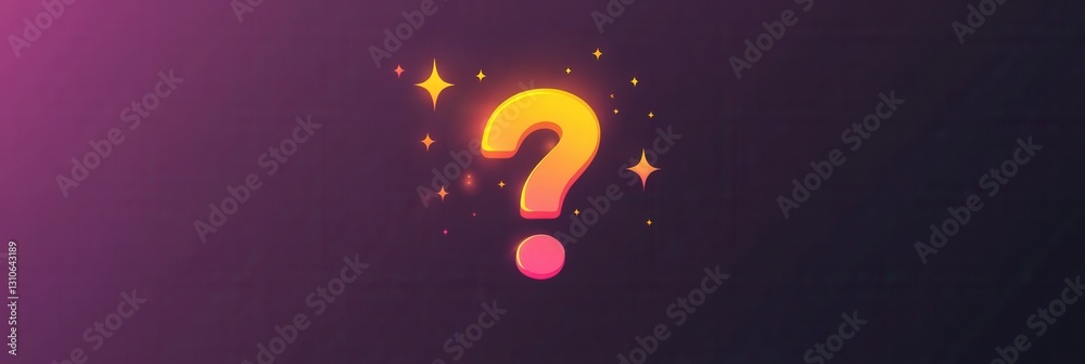 Poster glowing minimalist question mark icon with vibrant light bursts in modern flat design