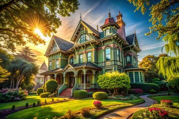 Obraz premium Majestic Victorian Architecture: Elegant Facade & Lush Garden, Rule of Thirds Composition