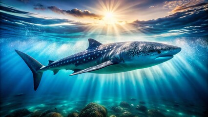 Naklejka premium Majestic Whale Shark Gracefully Swimming in Calm Ocean Waters - Underwater Stock Photo