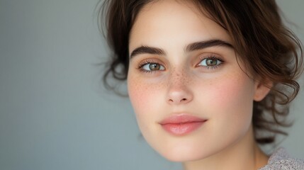 Fototapeta premium Beautiful Young Woman Portrait Natural Makeup Freckles Closeup