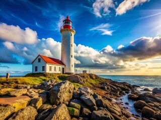 Fototapeta premium Majestic White Lighthouse with Red Roof on Rocky Coastline - Dramatic Seascape Stock Photo