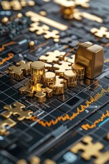 A golden 3D puzzle with pieces representing different gold investment strategies.