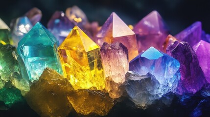 Colorful stones in a glass with blue, brown, red, and yellow gems