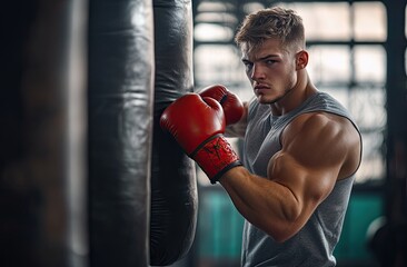 A young man in sportswear is practicing boxing with punching bag at gym, wearing red gloves and gray t-shirt