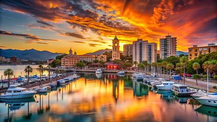 Fototapeta premium Malaga Harbor Sunset: Boats, Buildings & Scenic Mediterranean View