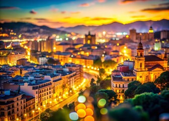 Fototapeta premium Malaga Nightlife: Bokeh Lights and Cityscape - Stunning Night Photography