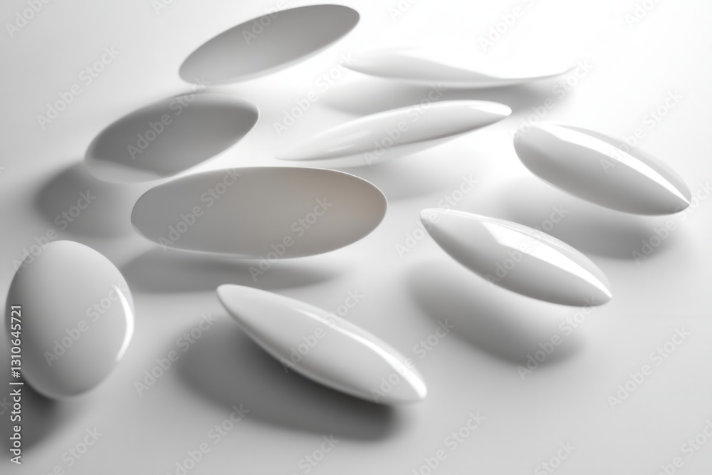 Poster Floating 3D shapes create a minimalist composition with soft shadows and elegant reflections on a white background