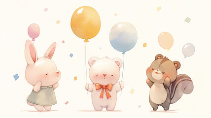 Naklejka premium テディベアとうさぎの癒しイラスト｜カラフルな風船を持つ可愛い仲間たち