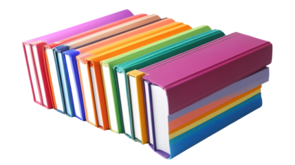 A colorful collection of books stacked together, showcasing a variety of vibrant covers and spines.