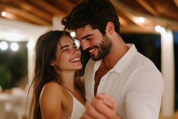 Romantic Couple Dancing at Night Warm Lighting Intimate Embrace Love Story