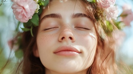 Obraz premium Serene Woman Flower Crown Natural Beauty Skincare Wellness