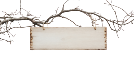 A rustic wooden sign hanging from branches, perfect for customizable text or labels.