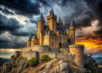 Fototapeta premium Medieval Castle Dramatic Stormy Sky Rugged Terrain Fantasy Landscape Stock Photo