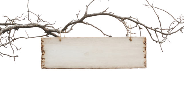 A rustic wooden sign hanging from branches, perfect for customizable text or labels.