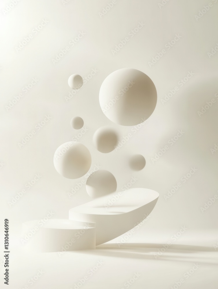 Poster Floating minimalist shapes with elegant shadows and reflections on a soft white background create a futuristic design aesthetic