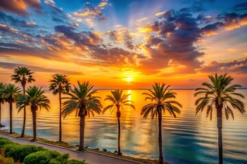 Obraz premium Mediterranean Sunrise: Golden Hour Coastal Beauty, Low Light Photography