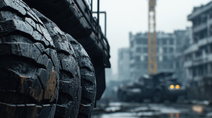 Busy construction site featuring a large tire amidst heavy machinery and dusty surroundings indicating pollution