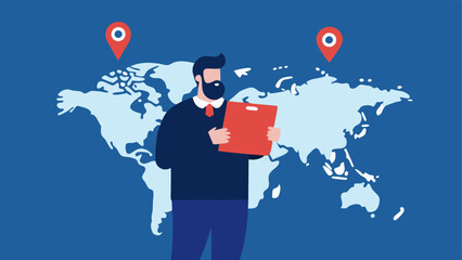 Investor Plan and Geopolitical Map An investor looking at a map marked with geopolitical hotspots while holding a portfolio showcasing the critical need for strategic planning in
