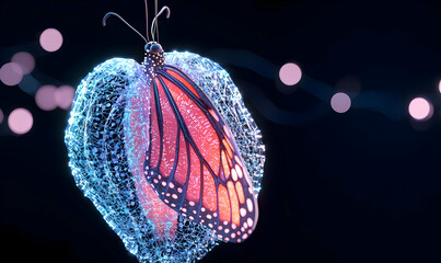 Naklejka premium Vibrant Butterfly Glowing in Ethereal Night Background