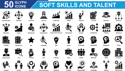 Soft Skills And Talent Icon Set Collection. Containing communication, teamwork, creativity, success, leadership, growth, potential, concept, education, resource, job. Simple Glyph Vector Illustration.