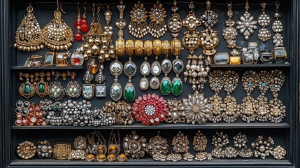 Assortment of Gold and Silver Earrings with Gemstones on Display