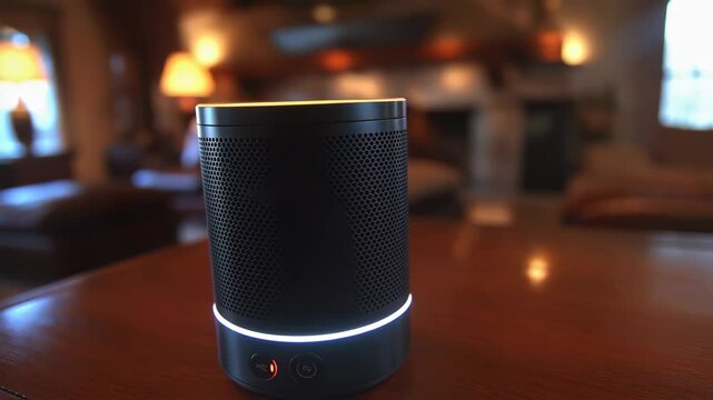 Black smart speaker with blinking lights on wooden table in warm interior