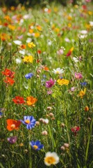 Vibrant Field of Wildflowers in Full Bloom Under Clear Blue Sky