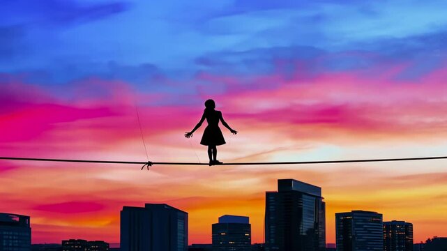 Girl balancing on a tightrope at sunset in a city skyline