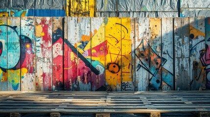 Obraz premium Colorful Industrial Pallets with Vibrant Wall Graffiti Art