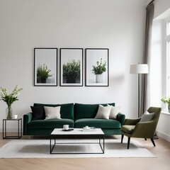 Modern Living Room Interior Design with Emerald Green Velvet Sofa