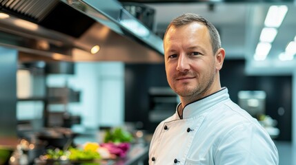 Fototapeta premium Modern Kitchen with Vibrant Chef and Sleek Design Elements