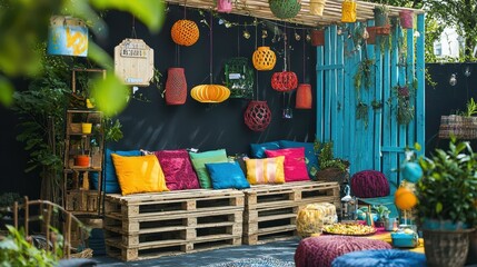 Fototapeta premium Vibrant Outdoor Pallet Seating Setup for Cozy Gatherings