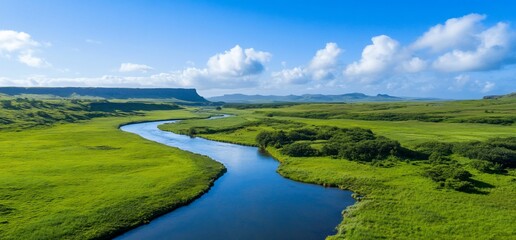 Obraz premium Serene River Landscape Lush Green Meadows Blue Sky Clouds Aerial View