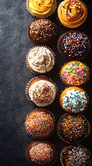 Colorful cupcakes lined up on dark background