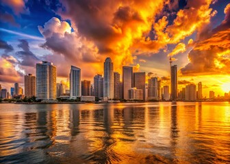 Fototapeta premium Miami Sunset Panoramic Cityscape - Vibrant Orange Sky Slow Zoom