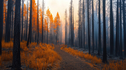 Obraz premium Serene forest pathway winding through lush greenery signifying regrowth and resilience after a devastating fire