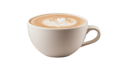 A beautifully crafted latte art in a coffee cup against a white isolate background.