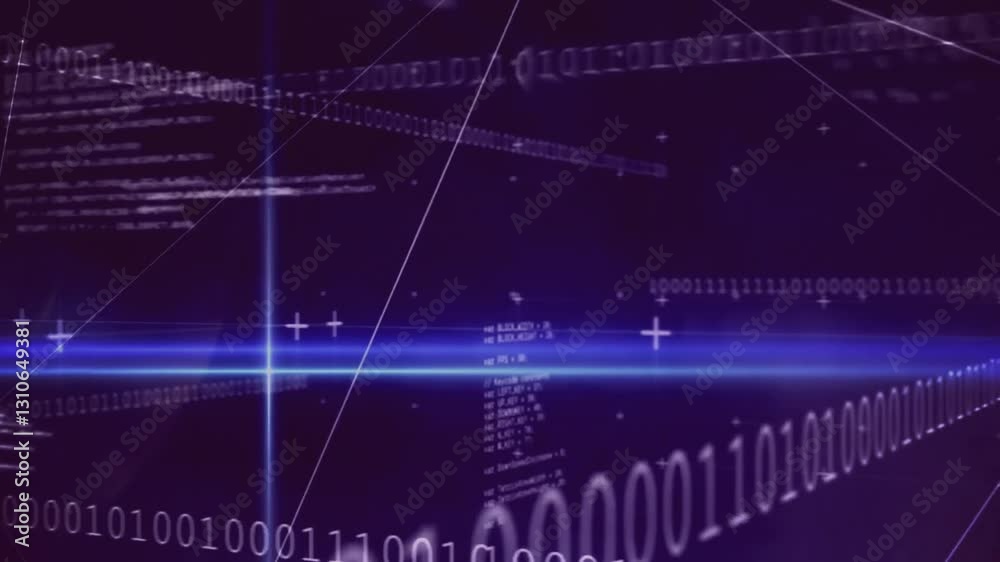 Poster binary code and digital data processing animation over dark blue background