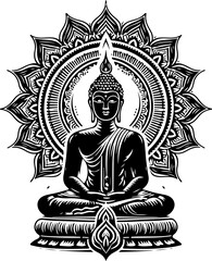 Obraz premium sketch vector illustration silhouette poster design of holy buddha statue meditating for pure heart ethnic traditional classic vintage 