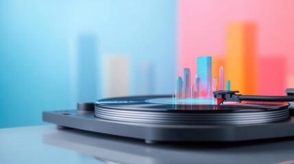 Echoes of the Future - Dusty Record Player Spinning Vinyl with Holographic Metropolis Projection | Nostalgia, Speculative Futures, Technology, Music, Retro, Urban, Vintage, Abstract, Conceptual,