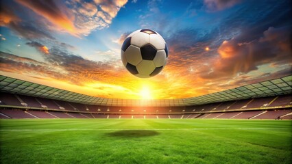 Soccer ball suspended in mid-air above a green grassy field at sunset, green landscape, stadium,  green landscape